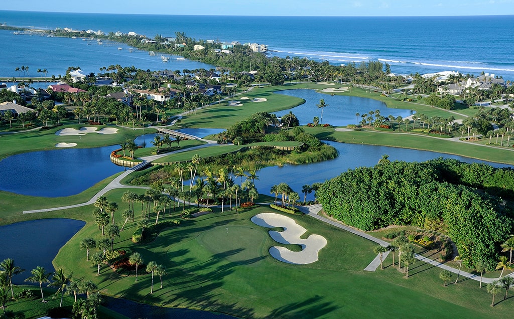 aerial image of the golf course and the water at sailfish point