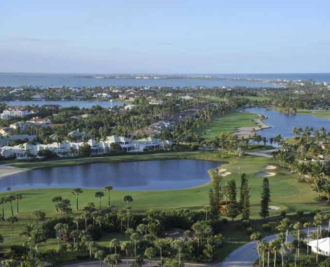 Jack Nicklaus Golf Course aerial image with homes and waterfront