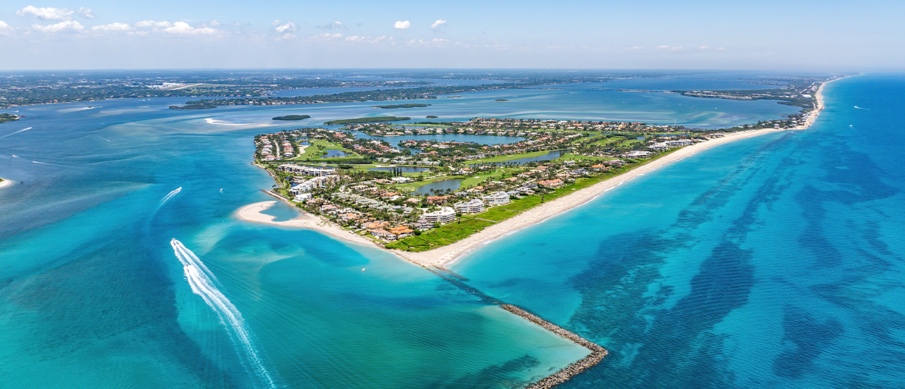 Aerial view of Florida barrier island with beaches and inlet