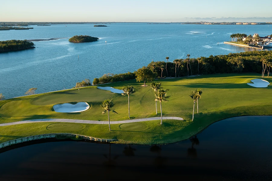 Aerial view of golf course near water with palm trees.